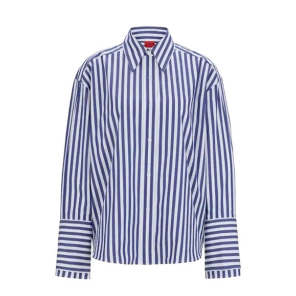 New! HUGO BOSS Oversized Shirt, Blue and Navy Stripe, Size 34 - Picture 2 of 9